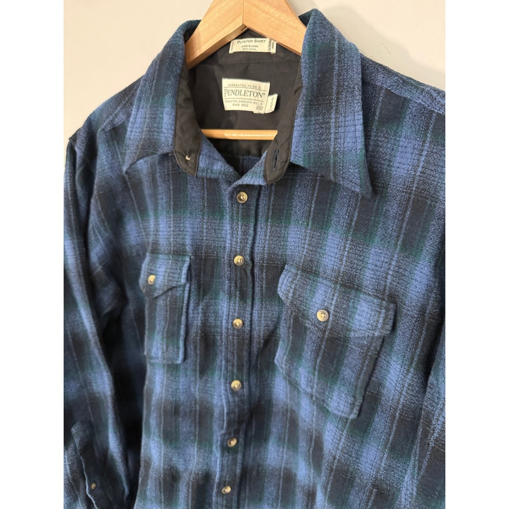 Pendleton Outdoor Shirt Mens XXL Long Blue Green Plaid Washable Wool Flannel